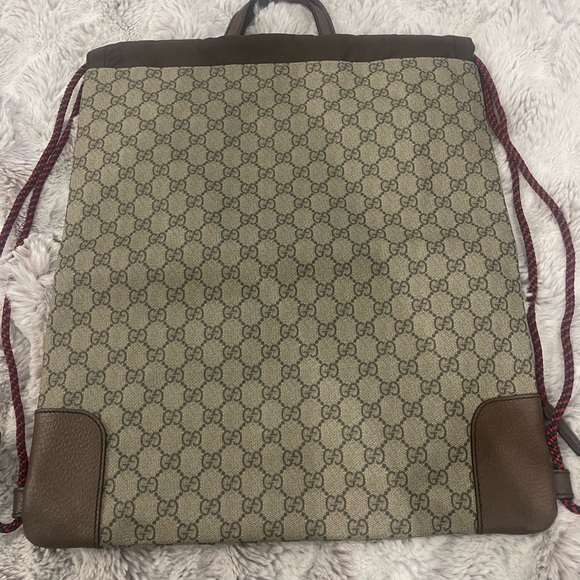 Gucci Ann Gris-Cat Drawstring 2WAY Backpack GG Supreme Beige x Brown Unisex - Picture 6 of 9